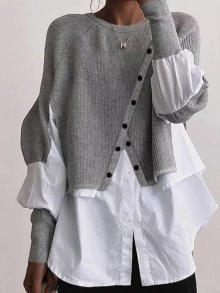 

Spring Autumn Knitted Sweater irt Patchwork Outerwear Women's Casual round Ne Long Sve Loose Fit Faionable Two-Piece...