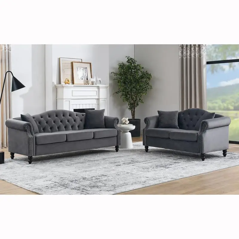 

3-Seat & 2-Seat Combo Sofa in Grey Velvet - Stylish and Comfortable Living Room Furniture