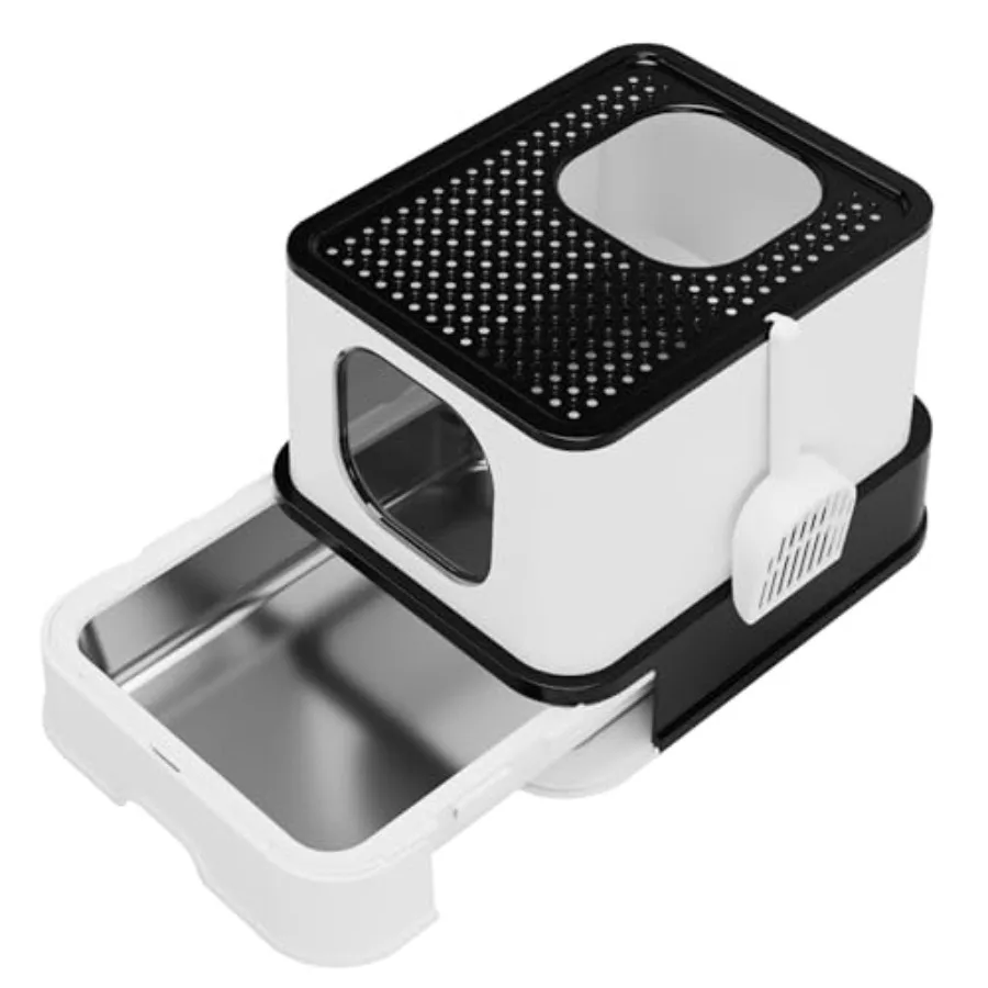 

Stainless Steel Litter Box: Large Dual-Entry Enclosed Leakproof Design - Odor-Free Non-Stick Cleaning - Teflon Coating and Pull