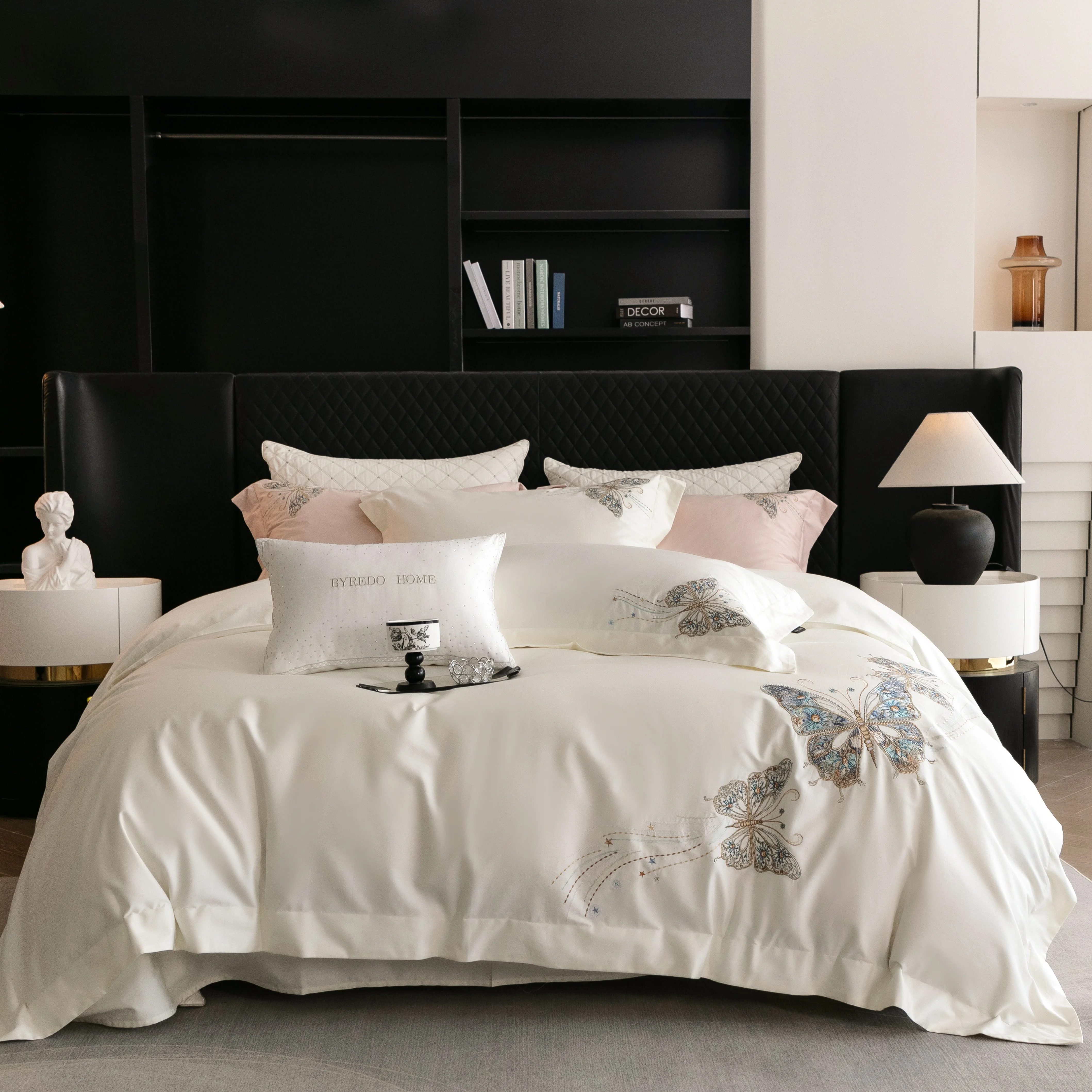 4Pcs 100% Cotton Bedding Set Butterfly Embroidery Duvet Cover & Bed Sheet 220x240 King Size