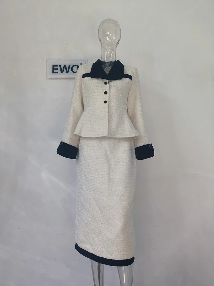 [EWQ] Elegant White Splice Lapel Single Breasted Long Sleeve Contrasting Belt Women\'s Ruffle Coat Skirt Two Pieces Set 16U6144