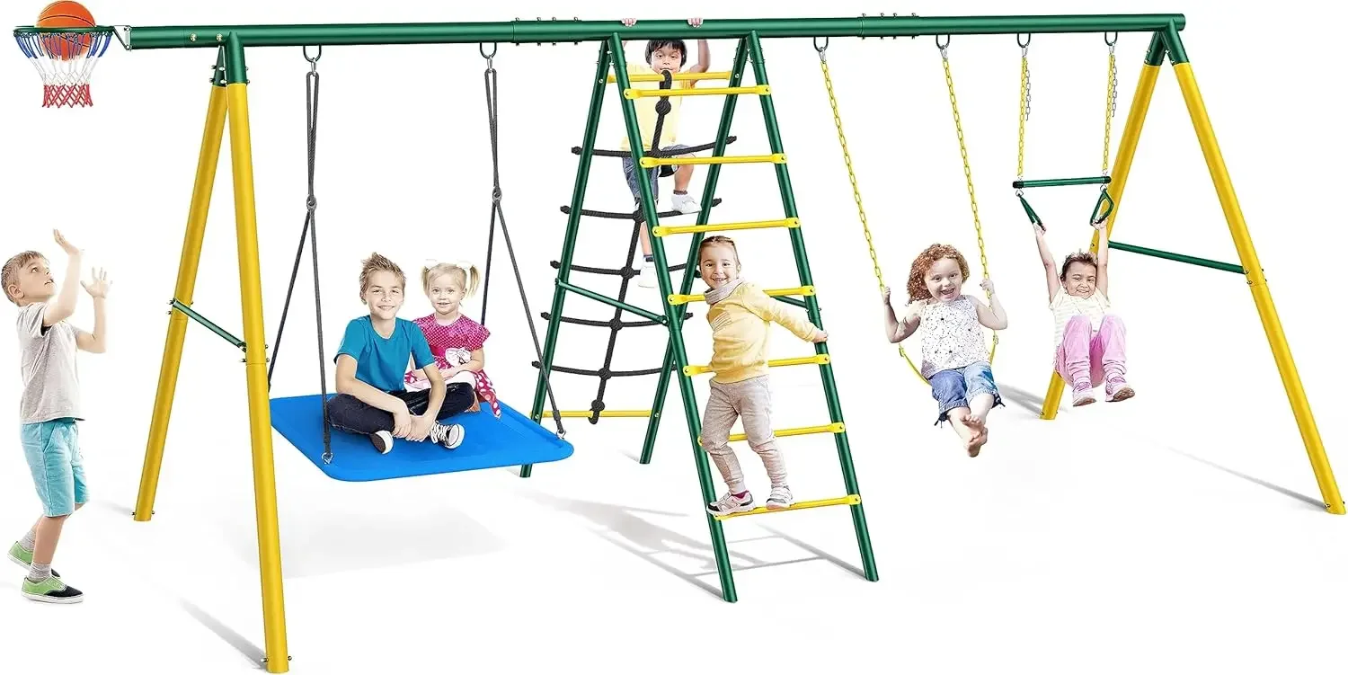 Swing Sets for Backyard, 6 in 1 Swing Sets,Heavy-Duty Metal Swing Sets for Backyard with 2 Swings, Climbing Ladder