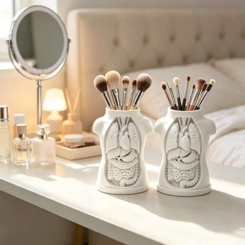 2-Piece Set of Dark Gothic-Style Human Torso Storage Ornaments, 3D Printed Organ Relief Makeup Brush Holder, Matte White High-Quality Dressing Table Storage Basket, Can Be Used as a Stationery Pen Holder, Bathroom Toothbrush Holder, Gothic-Style Bedroom Desktop Decoration, Velvet Aesthetic Room Decor, Unique Birthday Gift for Girls, High-Quality Petg Material, Durable and Non-Slip Base, Stable and Non-Wobbling, Trendy Decorative Item