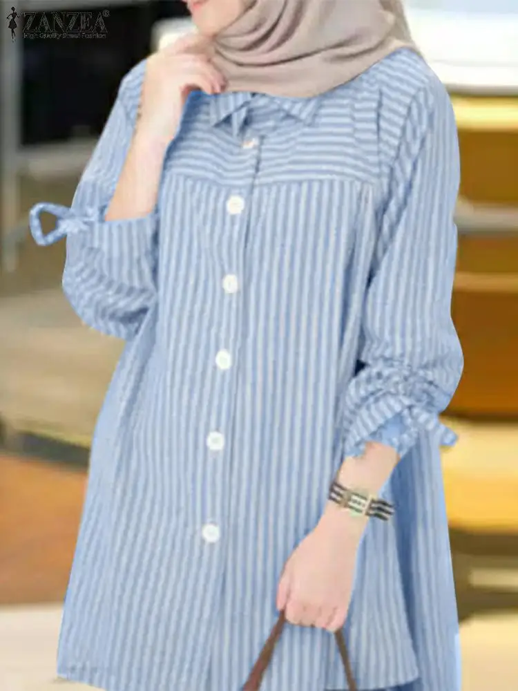 2023 ZANZEA Fashion Women Vintage Striped Blouse Casual Loose Muslim Tops Islamic Clothing Autumn Lapel Neck Long Sleeve Shirt