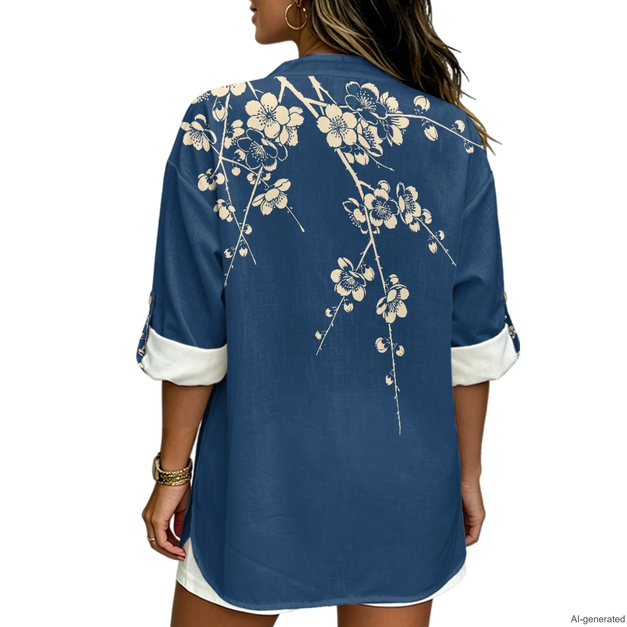 Women's Elegant Linen Henley V-Neck Adjustable sleeves Top Sheer Thin Chic Vintage Print Korean Style Loose Holiday Beach Blouse