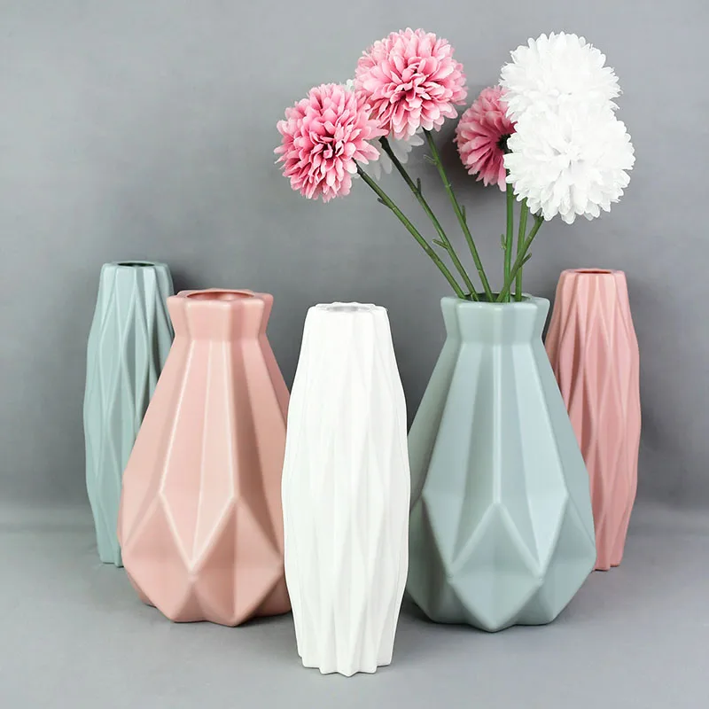 Moderne Einfarbige Vasen Leichte Kunststoffvase Bürodekoration Blumen Pflanzenzubehör Tischdekoration für Zuhause Rosa Weiß