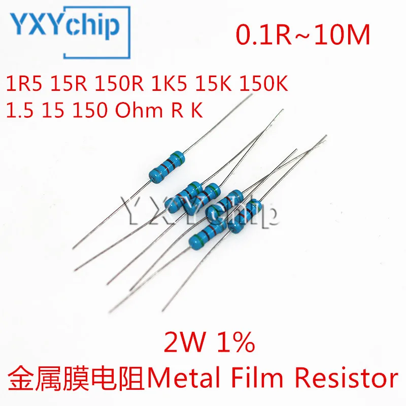 20pcs 2W Metal Film Resistor 1R5 15R 150R 1K5 15K 150K 1.5 15 150 Ohm R K Five-Color Ring Resistance 0.1R-10M Accuracy 1%