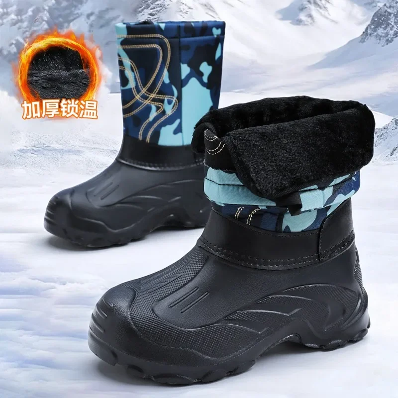 Men Camo High‑Top Winter Snow Boots Synthetic Leather EVA Sole Waterproof Warm Plush Outdoor Fishing Working Boots