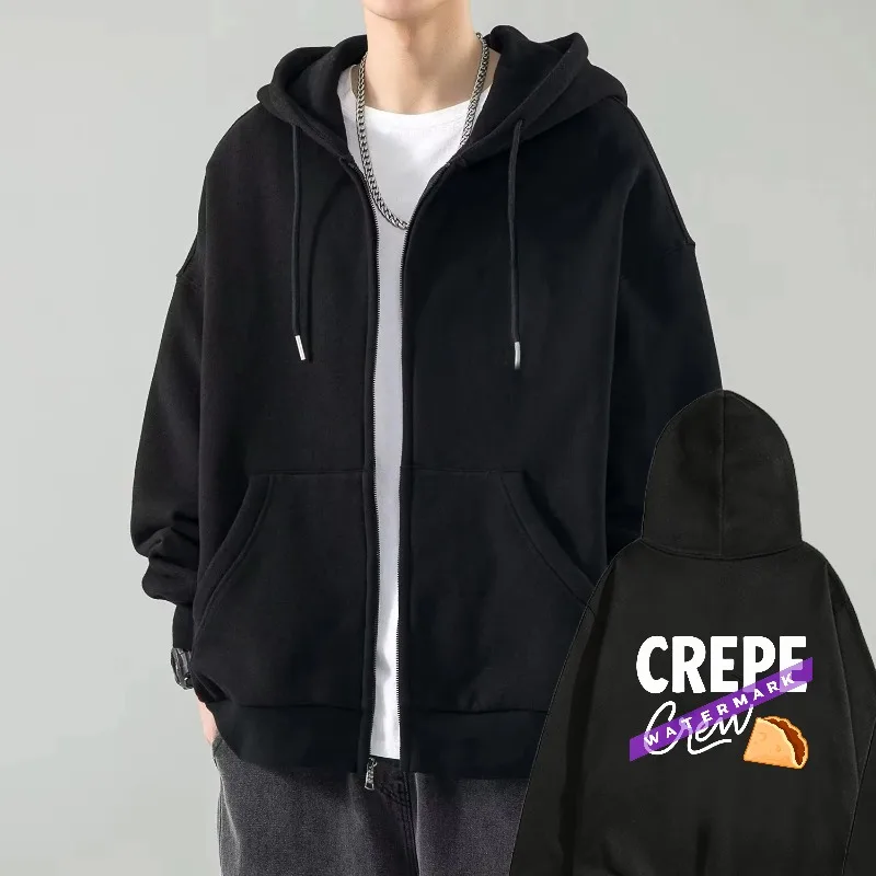 

Mens Hooded Jacket Black Crepe Cam Watermark Print Casual Streetwear Hoodie for Daily Wear and Outings