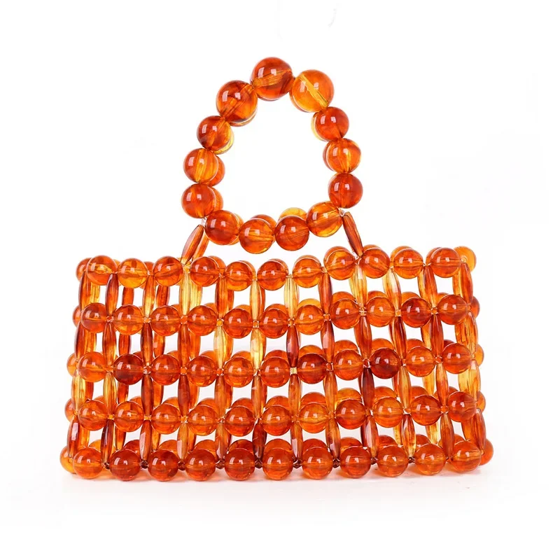 

Fashionable Handwoven Transparent Crystal Bead Hollow Out Women's Bag Customized Brown Acrylic Amber Handmade Beaded Handbag