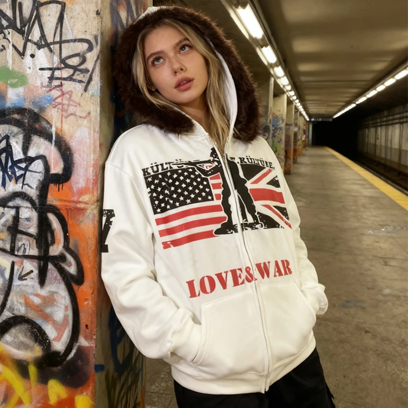2000 Autumn/Winter New Gothic Style Outdoor Leisure Warm and Windproof National Flag Pattern Plush Hat Art Printed Hoodie Plush