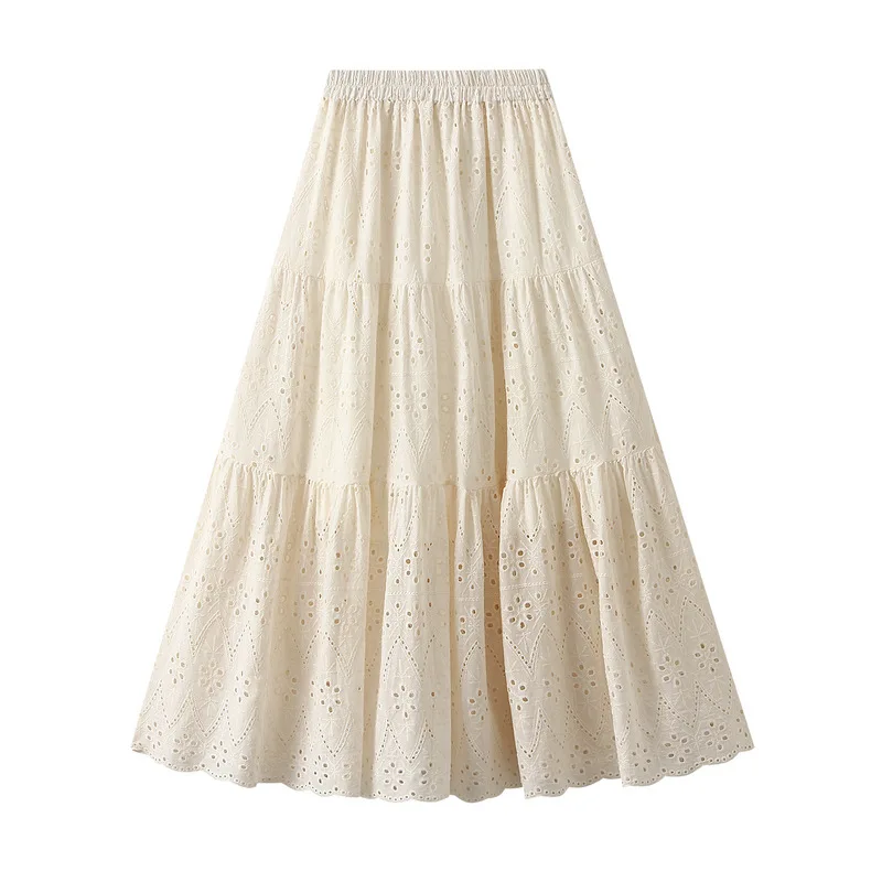 White A-line Skirt Spring Summer Women Fashion Hollow Out Cotton Skirt Female Vintage Elegant High Waist Aesthetic Skirt Lady