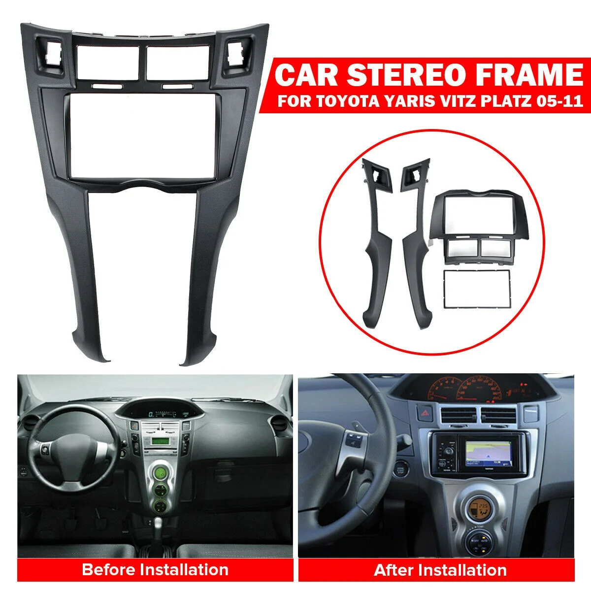 2 Din Car Stereo Frame Trim Kit Dashboard for Toyota Yaris Vitz Platz 2005-2011 DVD Player Installation Bezel Fascias