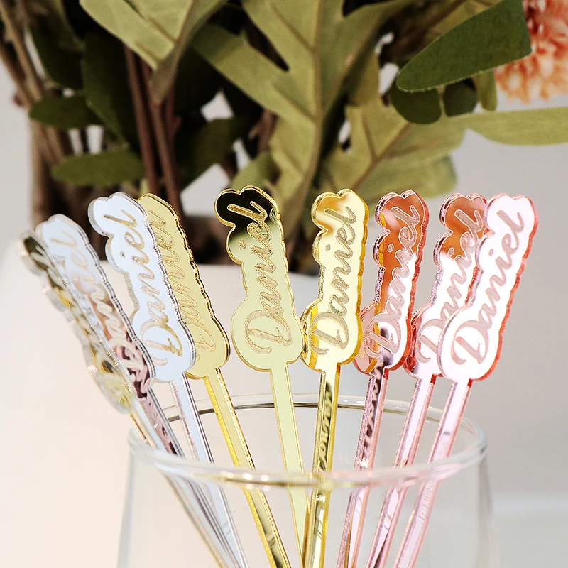 Custom Name Drink Stirrers Sideways Personalized Acrylic Wine Charm Table Tag Glass Markers Swizzle Sticks Wedding Decorations