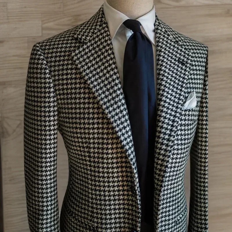 Blazer de pata de gallo para hombre, chaqueta de traje masculina con solapa de muesca a cuadros lista para enviar, abrigo elegante de moda para hombre