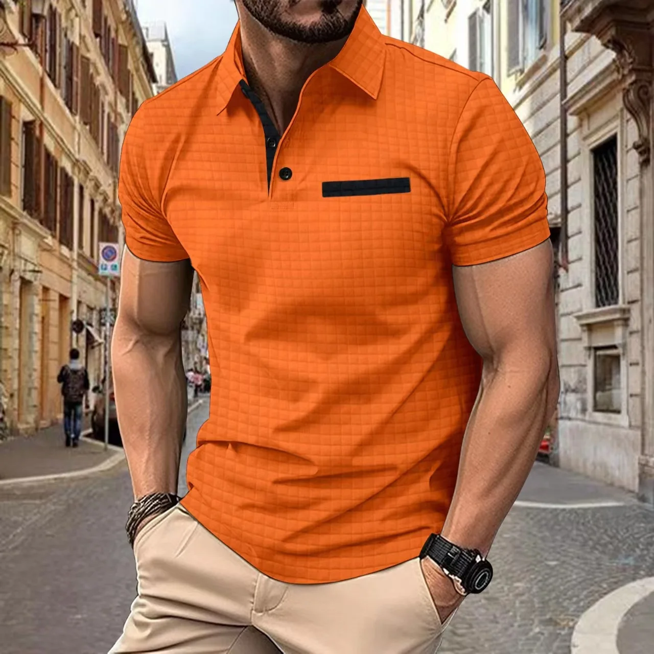 Euro-american 2024 summer POLO shirt with jacquard check lapel Men\'s sports fitness trend short sleeve T blood