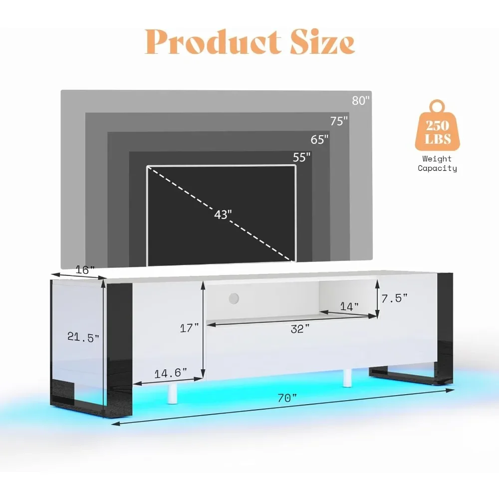 TV Stands with LED Lights & 2 Cabinet Storage Drawer for TVs Up To 80