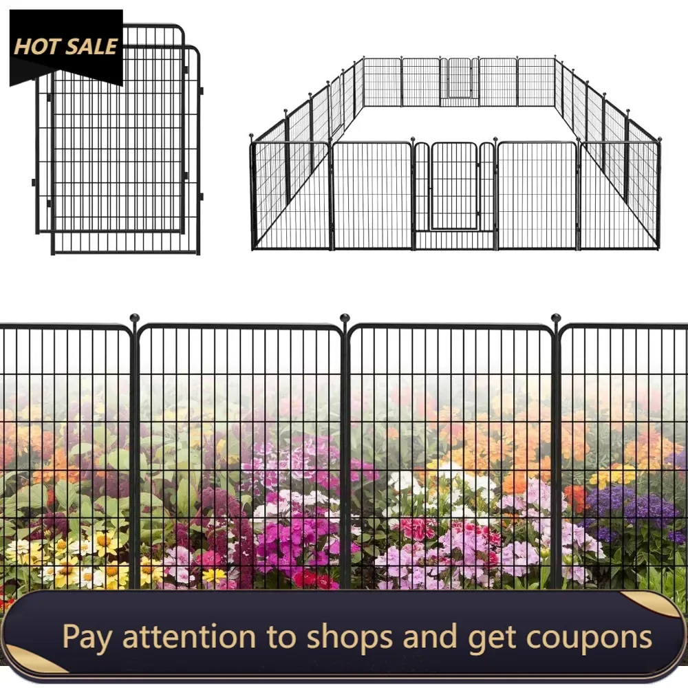 

Decorative Garden Metal Fence Black 50ft(L)×40in(H) 22 Panels Wire Rustproof Folding Animal Barrier Border Heavy Duty Iron