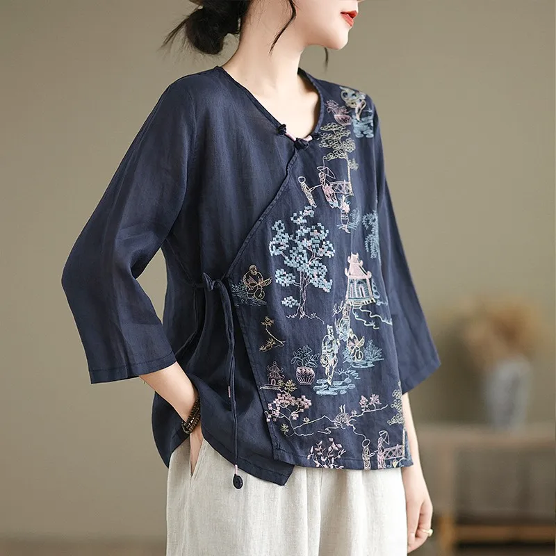 Women Casual Shirt New Arrival 2024 Spring Chinese Style Vintage Floral Embroidery Loose Female Cotton Tops Shirts B3591