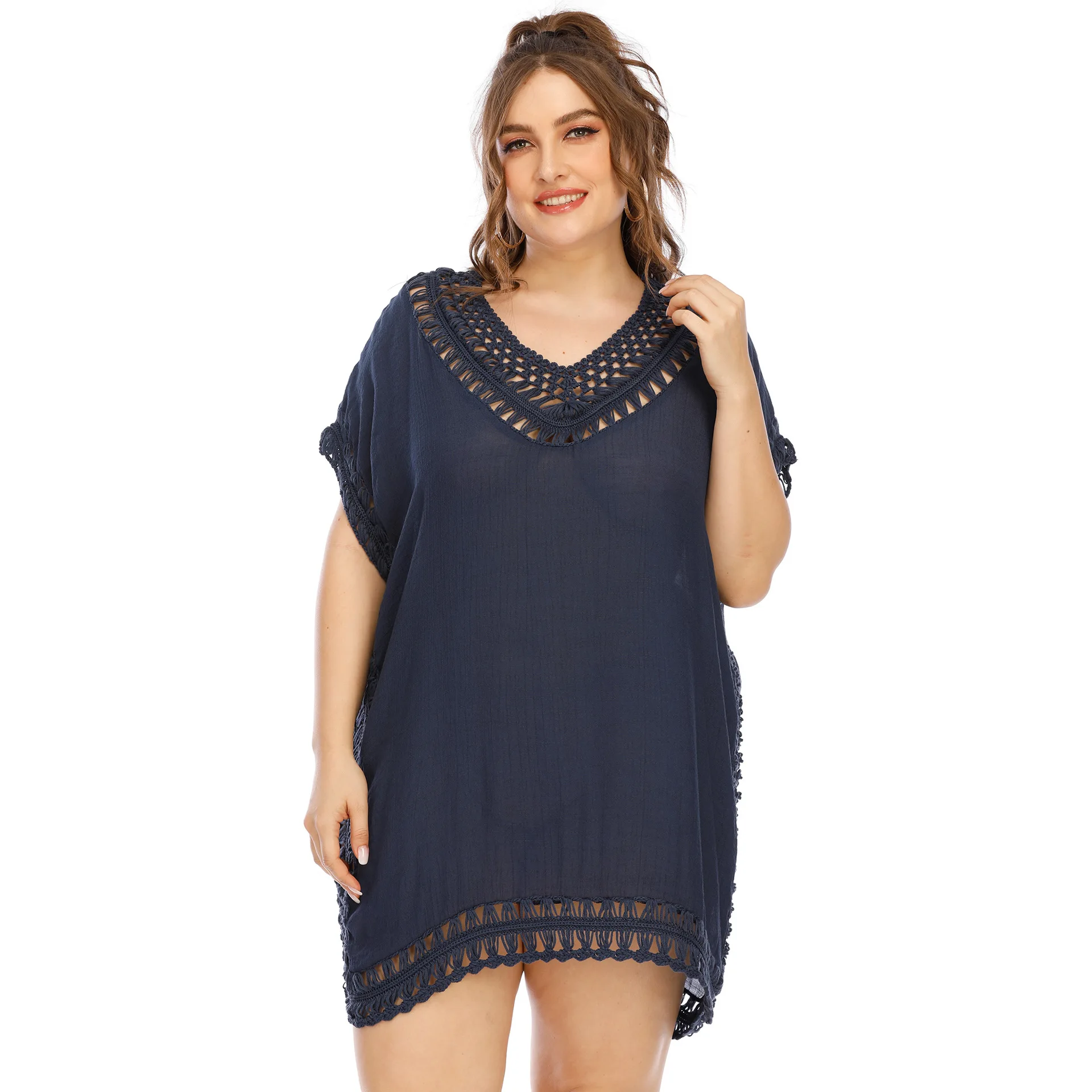 Plus Size Multi-color Crochet Fringed Beach Dress V Neck Hollow out Women's Swimsuit Cover up Oversize Summer Beachwear