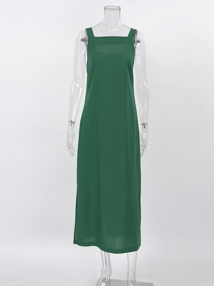 2023 Summer Autumn Women Casual Solid Green Side Slit Spaghetti A-line Midi Dress For Women