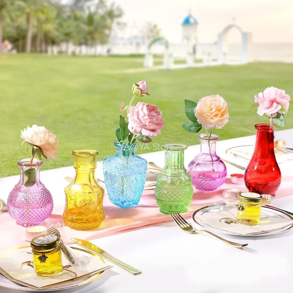 Glass Colored Vintage Style Small Vase for Home Decoration Embossed Style Mini Glass Bottle for Wedding Center Event Office