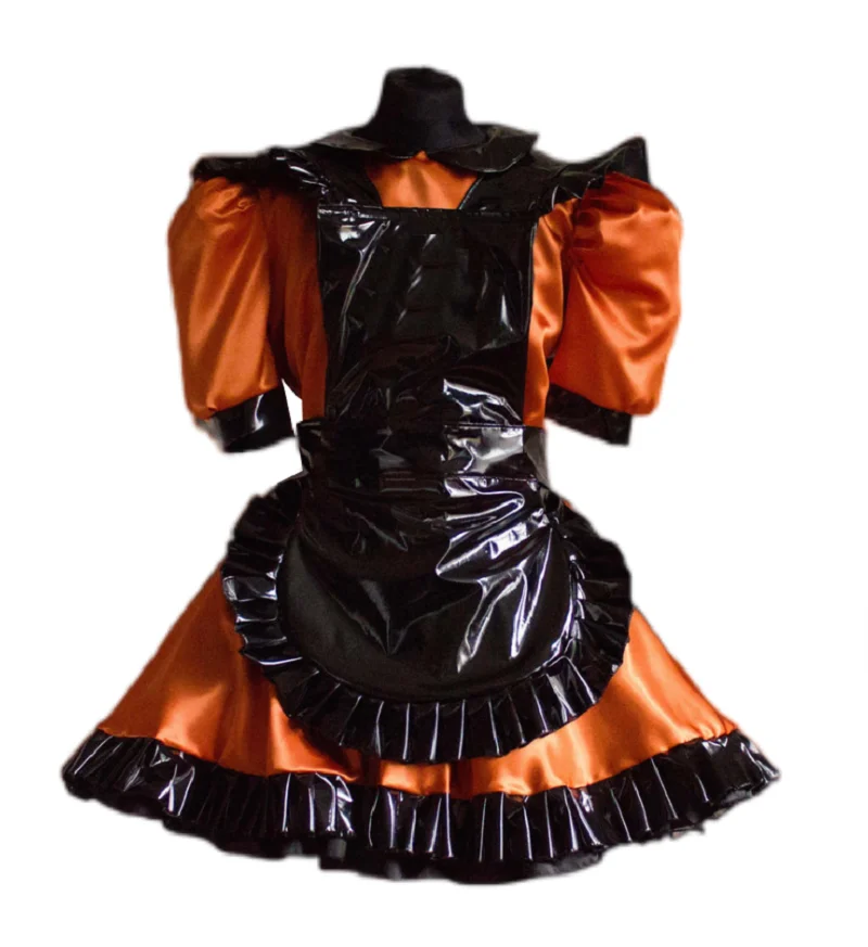 

Lockable Sissy Dress Sexy Maid Satin PVC Lapel Fluffy Bubble Sleeve Role Play Costume Customization