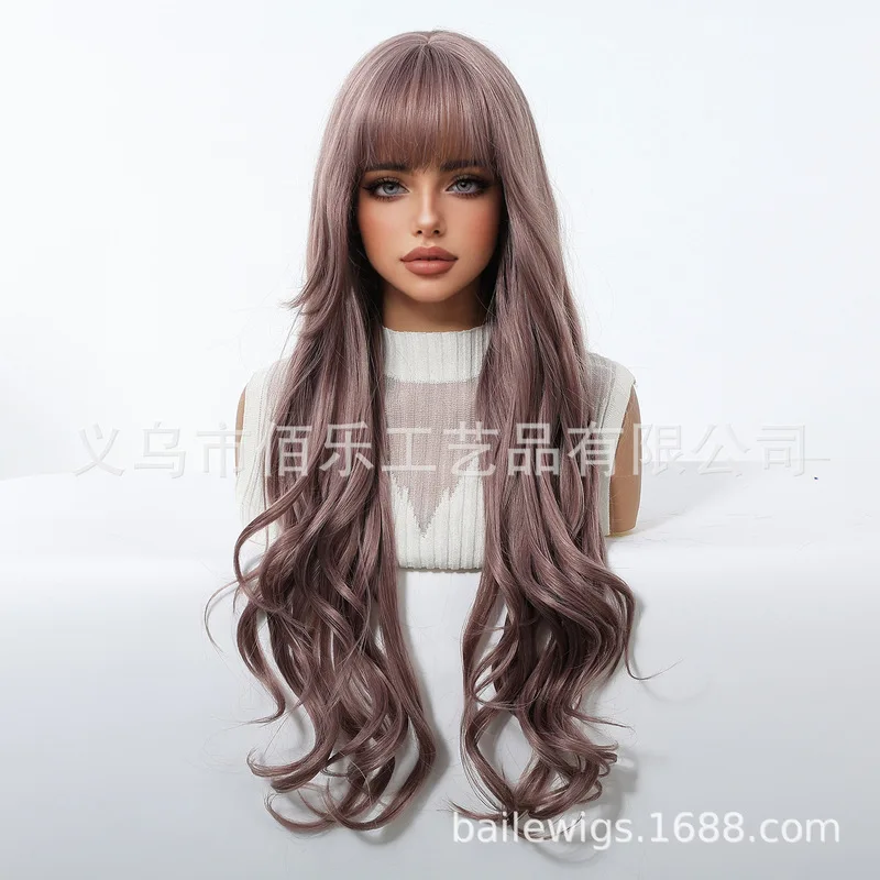 Purple wig with bangs, long curly hair, full head cover 30inch synthetic fiber for women, European and American style