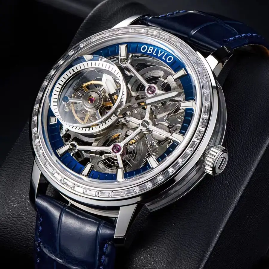 OBLVLO Men Tourbillon  Watch 45mm Manual Winding Mechanical Wristwatch Luminous Waterproof Sapphire Skeleton Dial