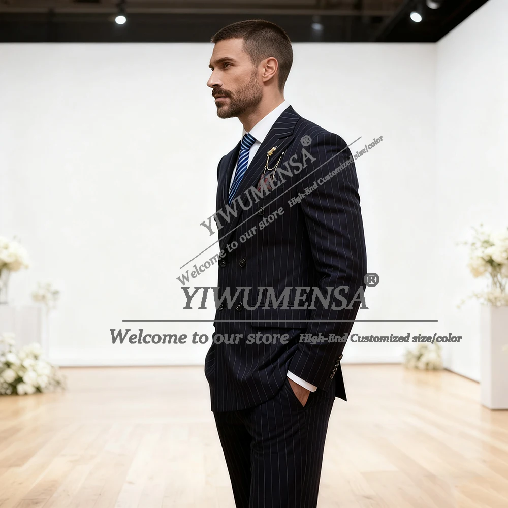 

Samrt Casual Stripes Suits Men 2 Piece Set Double Breasted Jacket Pants Customized Man Banquet Party Attire Groom Dinner Tuxedos