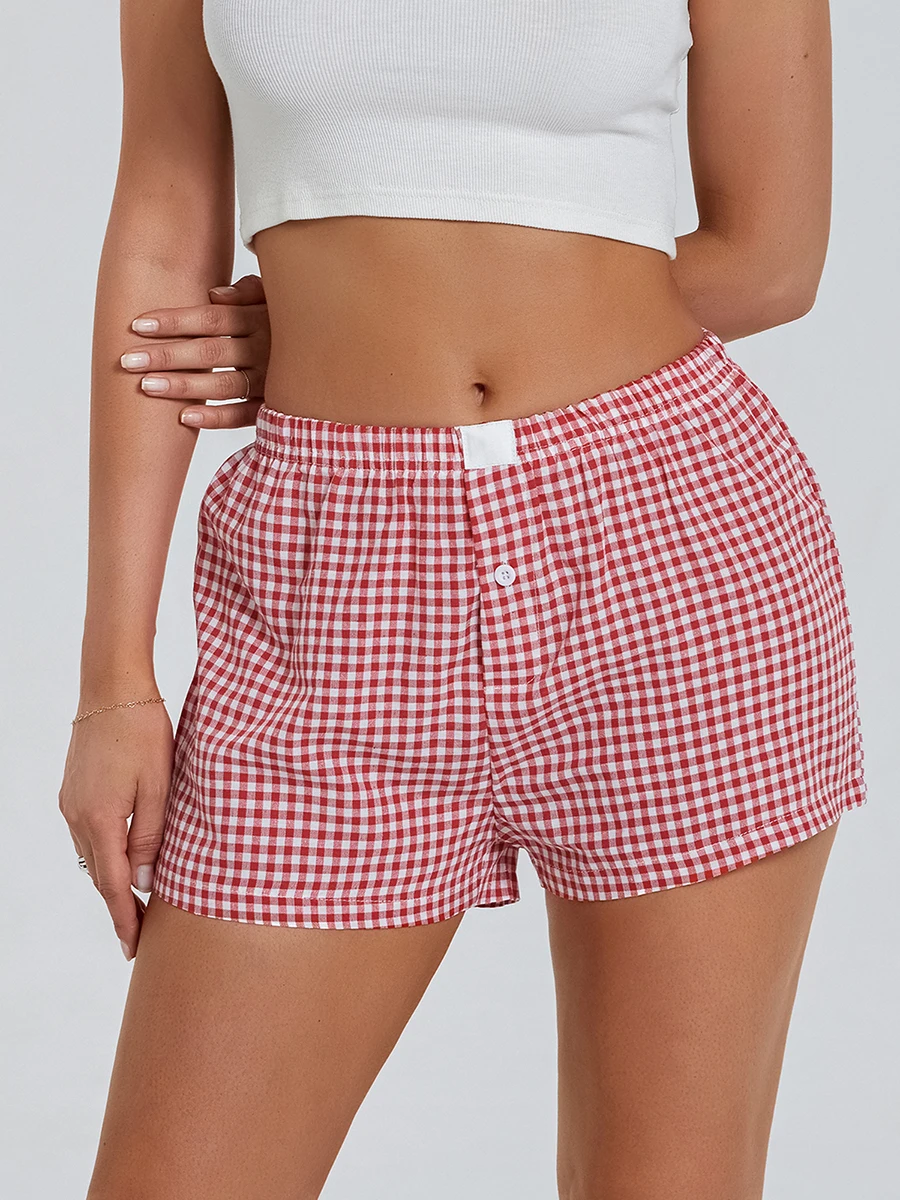 Gingham-Boxer Baggy pour femmes, tenue à taille élastique, à carreaux bleus, short Vintage Y2k, short de plage d'été décontracté