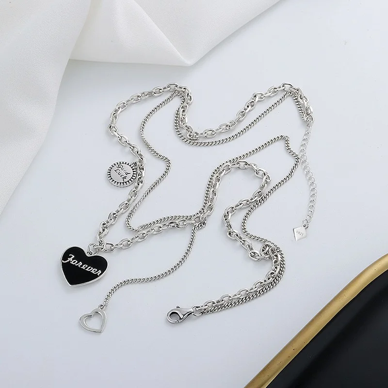 323L ZFSILVER Fashion Silver 925 Retro Black Heart Pendant Forever Good Luck Necklace Women Charms Jewelry Accessories Match-all