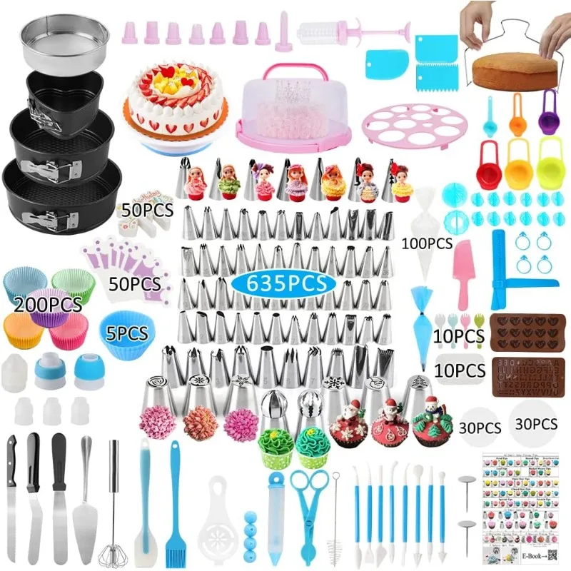 

Cake Decorating Kit,635 Pcs Decorating Supplies With 3 Springform Pan Sets Icing Nozzles Rotating Turntable Cake Topper