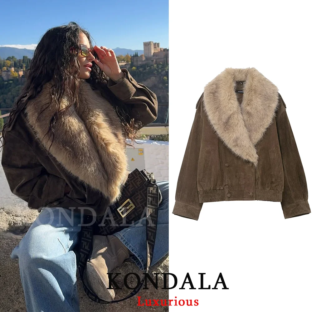 

KONDALA Повседневные шикарные замшевые куртки цвета хаки большого размера с v-образным вырезом, меховым воротником, пуговицами и карманами, пальто-бомберы, модное осенне-весеннее пальто 2025 г.
