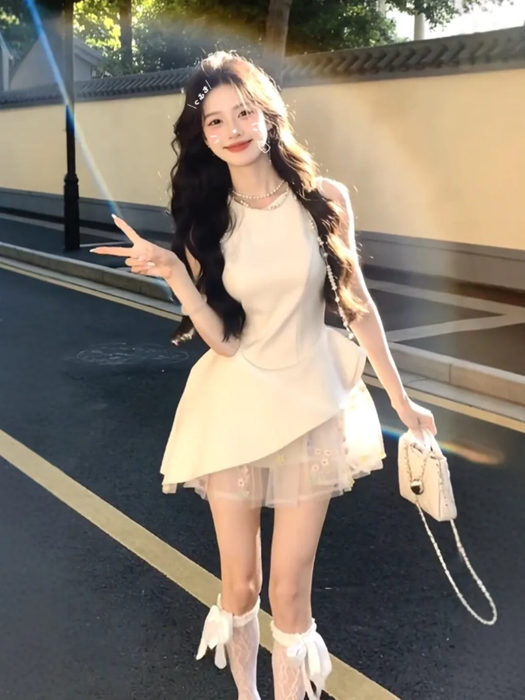 

Элегантное летнее платье-жилет с короткой юбкой, женский стиль, нежный силуэт, с завышенной талией, пышное, из смесового хлопка, с длинным рукавом