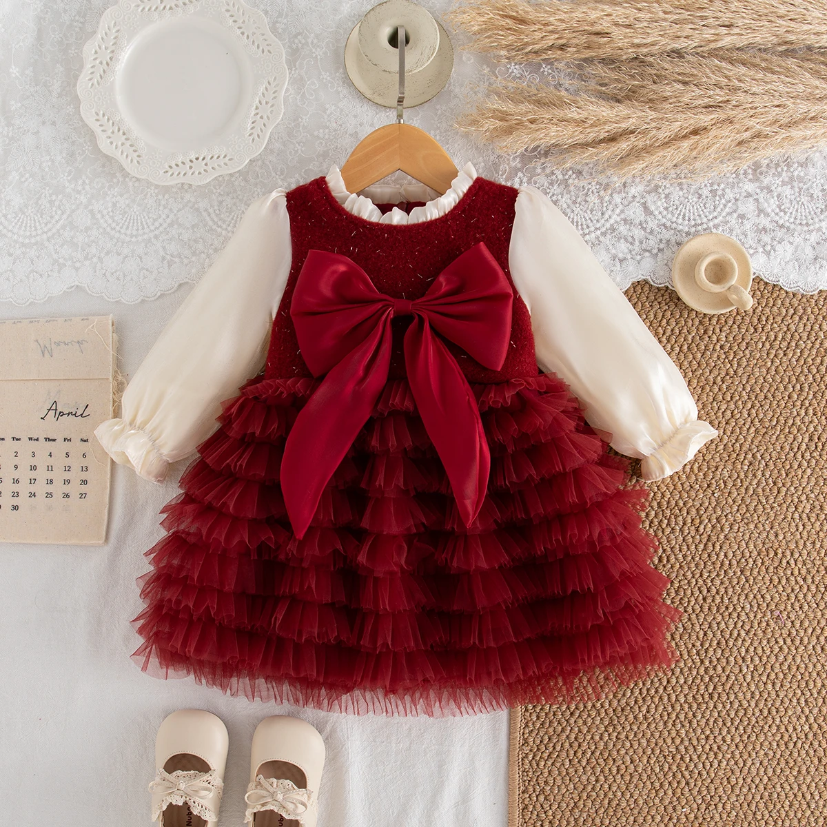 

Spring Autumn Toddler Girl Princess Dress Red Bow Long Sleeved Fuffy Gauze Gown Elegant Girl Wedding Party Dress