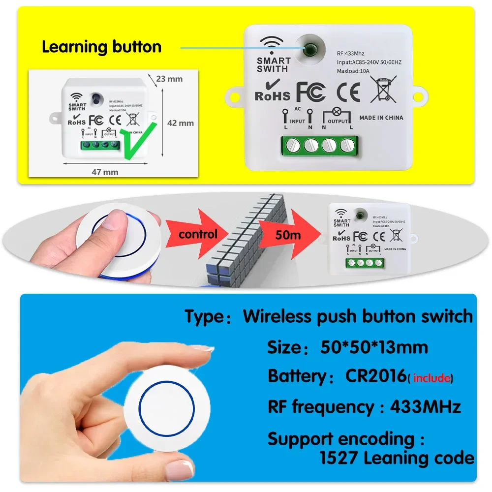 433MHz Wireless Relay Light Switch Remote Control Receiver AC 110V 220V 10A and RF Push Button Round Transmitter for LED Light