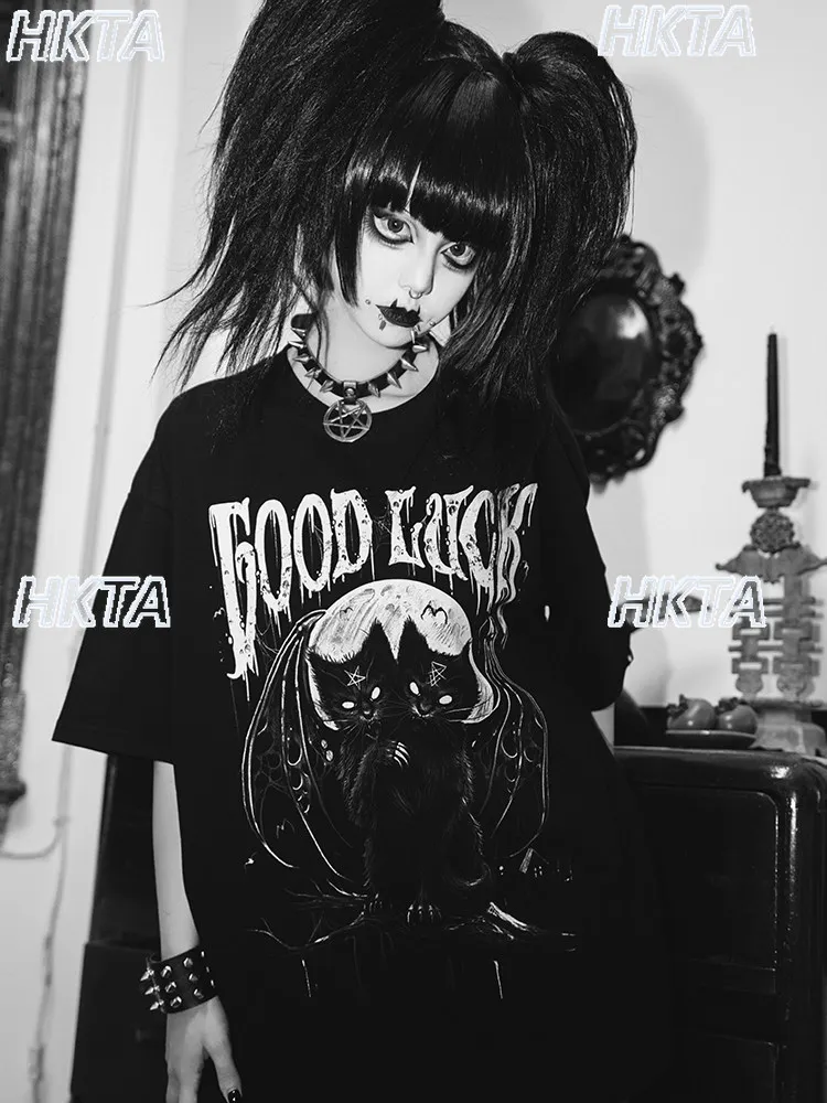 Dark Rock Y2K Gothic Punk Two Dimensional Print T Shirt 2026 Summer Loose Casual Crew Neck Short Sleeved Tshirt Black Top Women
