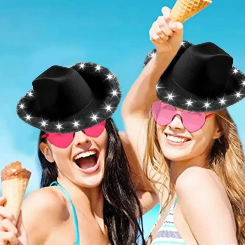 M6CD LED وامض قبعة رعاة البقر واسعة الحواف متوهجة نادي قبعة الكبار مرحلة العروض قبعة موضوع أغطية الرأس الطرف