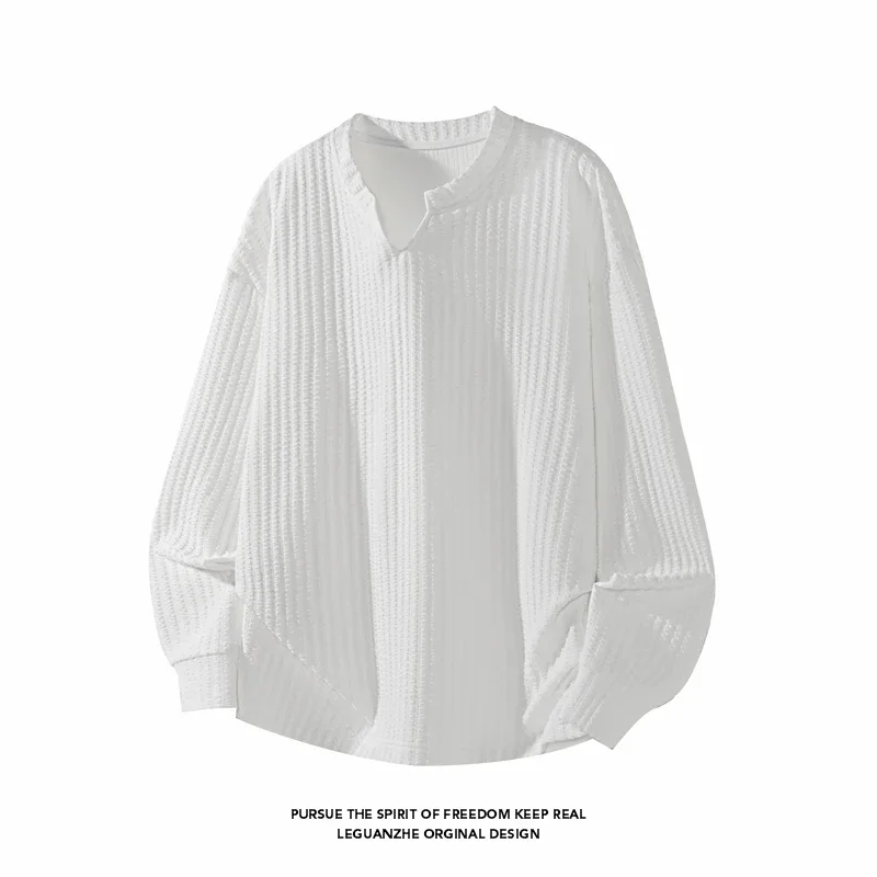 Men Vertical Textured Long Sleeve T‑Shirt Notch V‑Neck Loose Drop‑Shoulder Casual Relaxed Fit Basic Pullover Tops