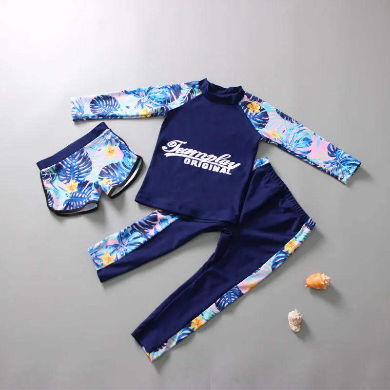 Kids Rash Guard Swimwear 3 Piece Swimming Sets Quickly Dry Swimsuit Sun Protection Long Sleeve Top+Shorts+Pants Swim Outfits
