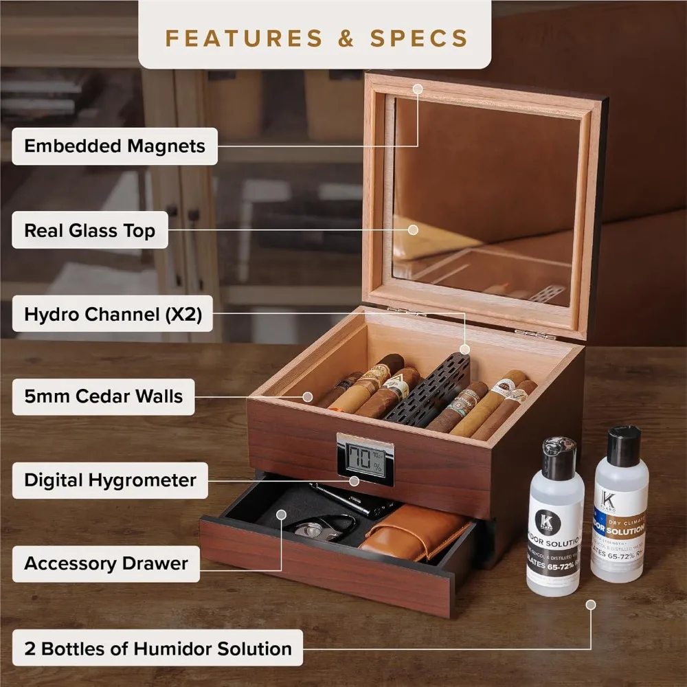 Glass Top Cigar Humidor with Thick Cedar, Easy Humidification System, Accurate Digital Hygrometer - Brown view 5