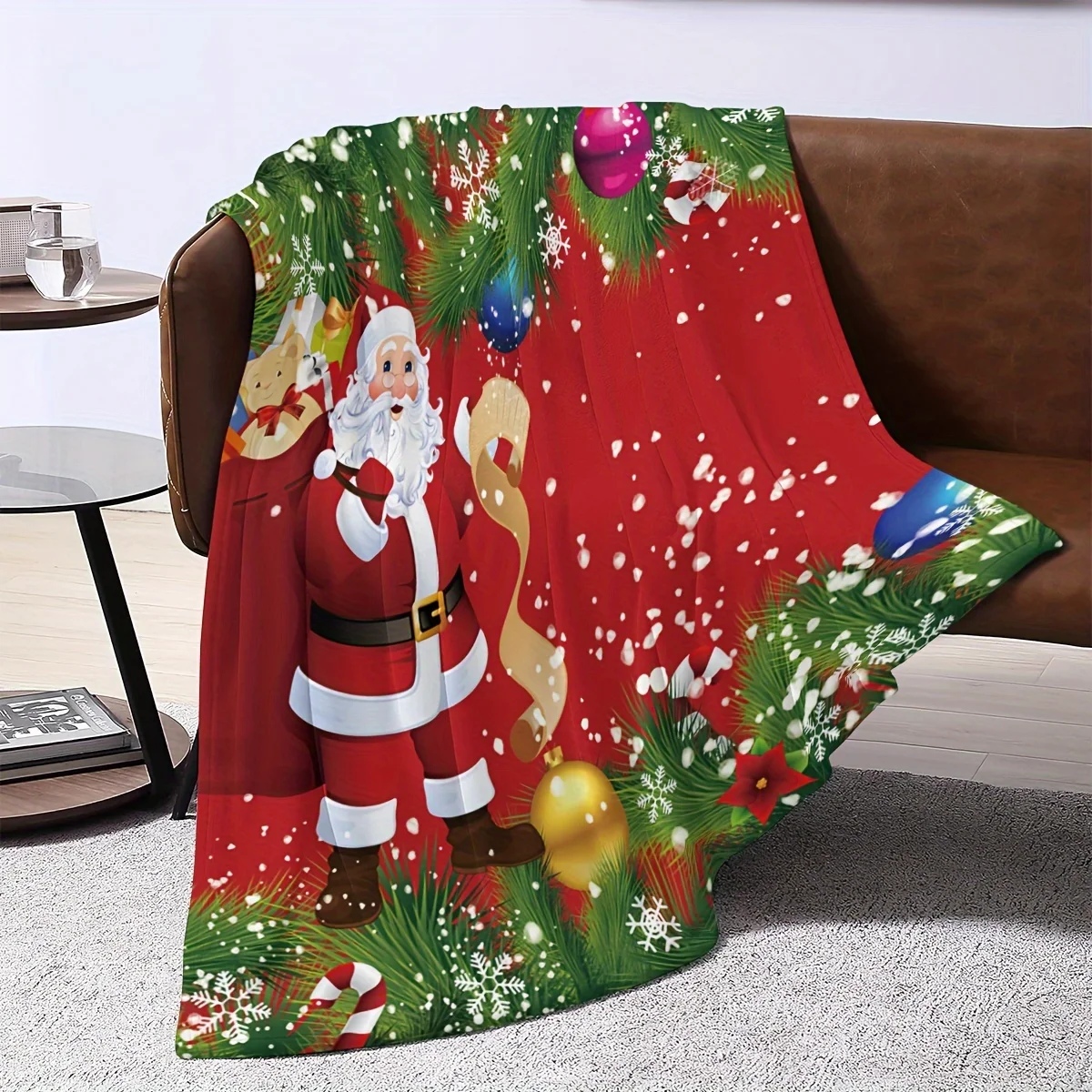 Cozy Santa Claus & Wreath Print Flannel Throw Blanket - Soft, Warm, and Versatile for Home, Office, Travel, Camping | Festive Ch