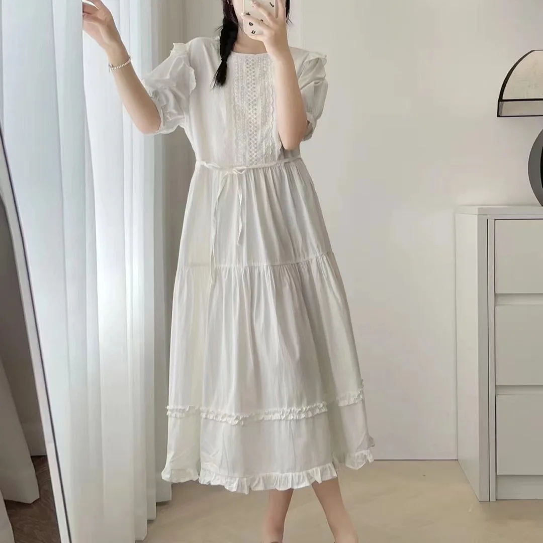 

Japanese Sweet Mori Girl Elegant Folds Short Sleeve Dress Women Summer Solid Color Belt Waisted Casual Loose Midi Dresses