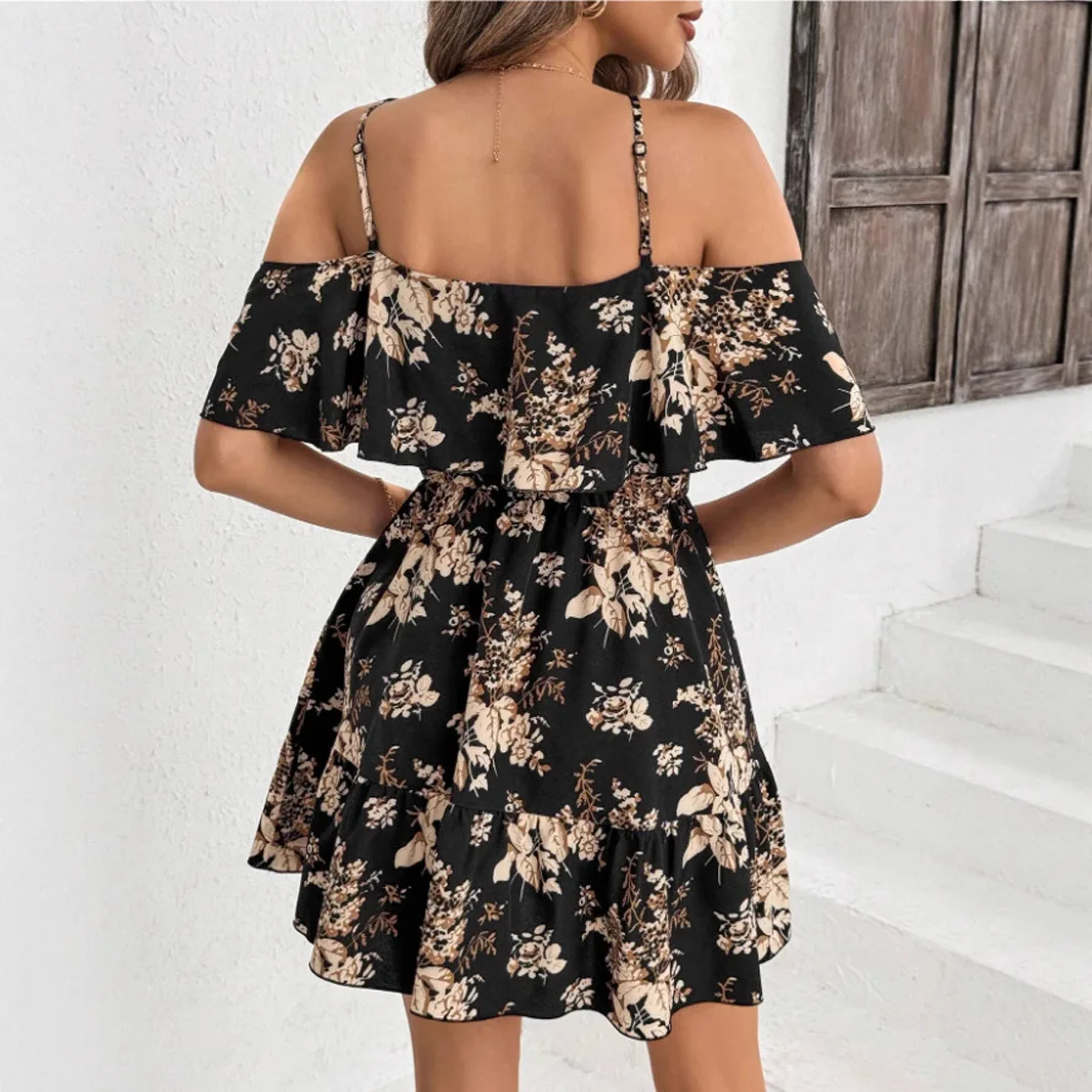 Abito classico con stampa bohémien dolce, abito da spiaggia allentato casual con scollo a V e scollo a V