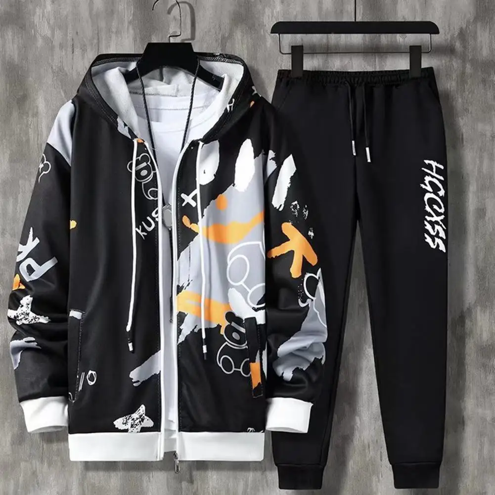 Men Hooded Sportswear Men\'s Hip Hop Tracksuit Set with Hooded Coat Drawstring Pants Letter Print Zipper Closure Sportswear