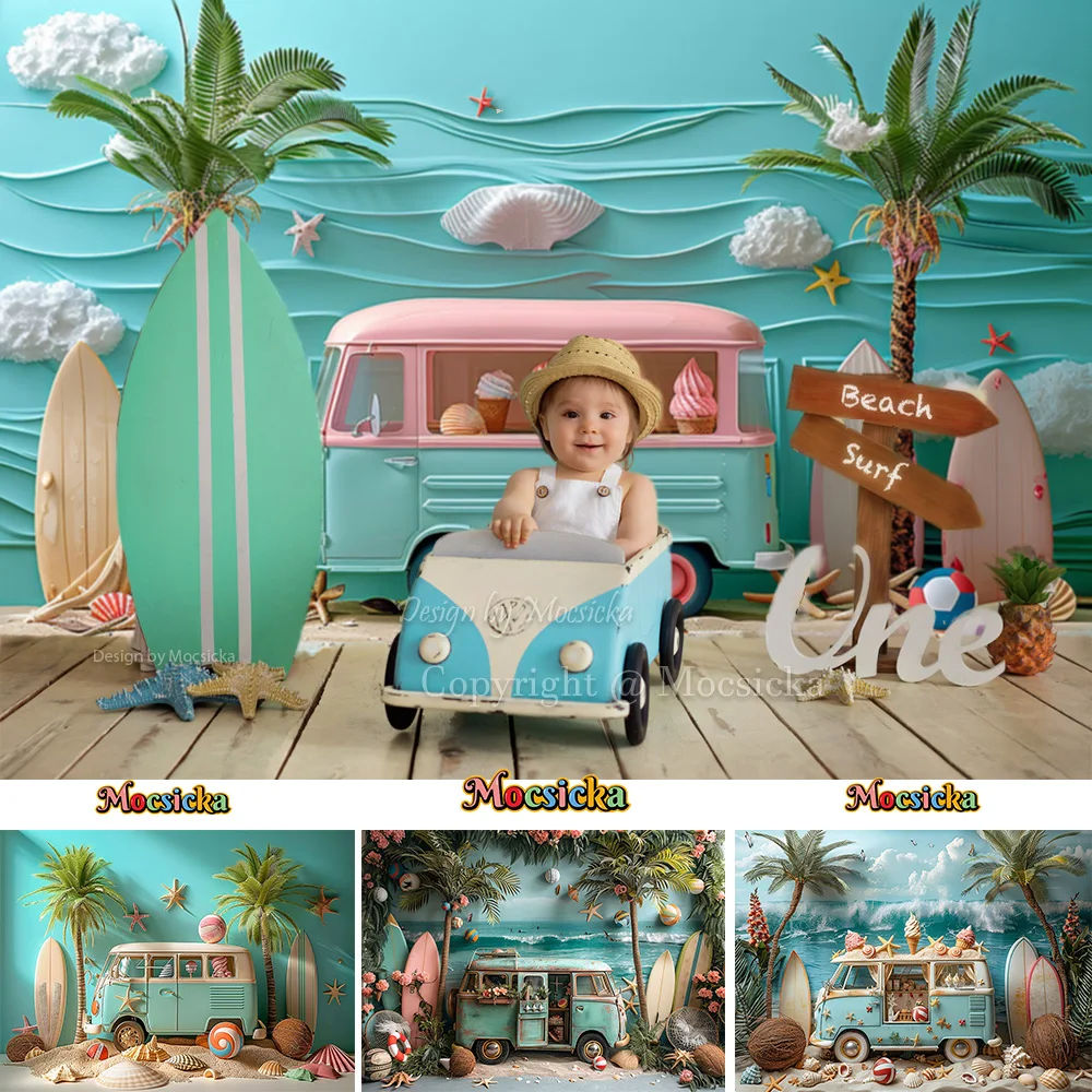 Summer Beach Background Photography Kids Cake Smash Ice Cream Cart Surfboard Coconut Tree Backdrop Holiday Birthday Party Banner