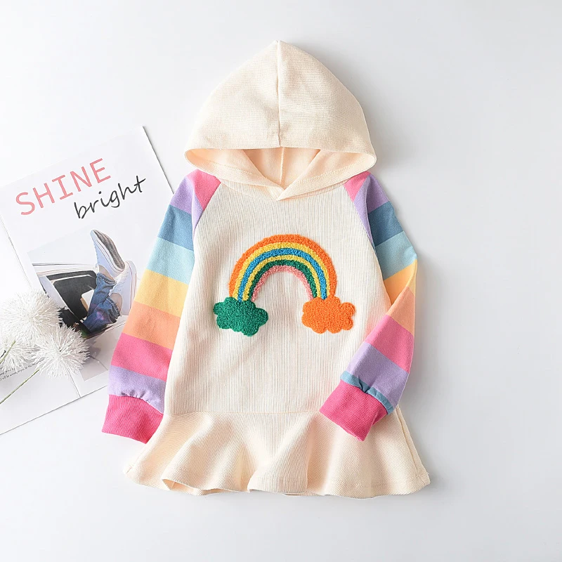 

Menoea Girls Princess Dress Autumn New Spring Party Dress Sweet Hooded Children Clothing Cute Rainbow Colorful Kids Girl Dresses