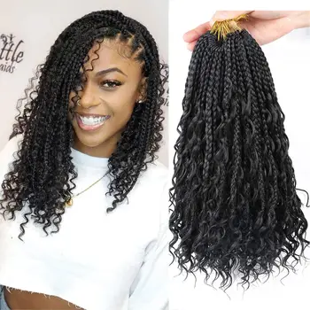 Sambraid-trenza en caja de diosa para mujer, pelo de ganchillo con extremo rizado negro Natural, extensiones de cabello trenzado sintético