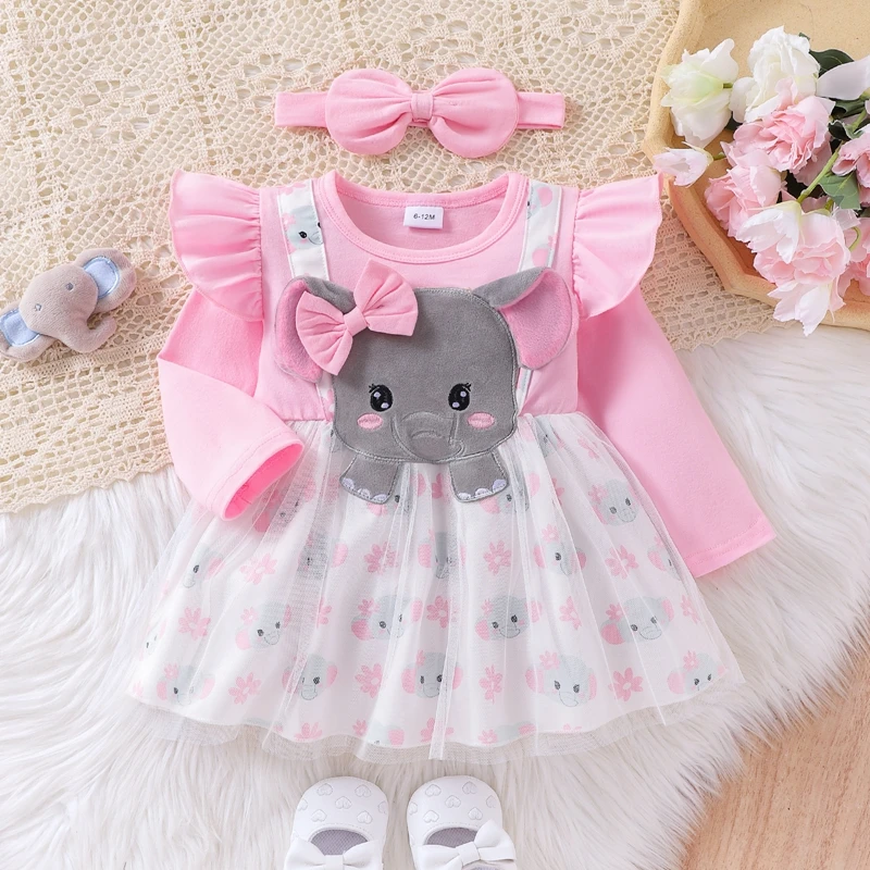 الفتيات الفيل طباعة طويلة الأكمام الطبقات تول فستان عارضة مع عقال ، جولة الرقبة ، فستان الأميرة للأطفال ، الخريف